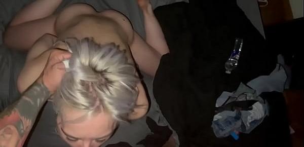  Cute skinny blonde teen masturbates with a vibrator while she sucks Eddie Danger’s giant cock deep throat pov and gets fucked